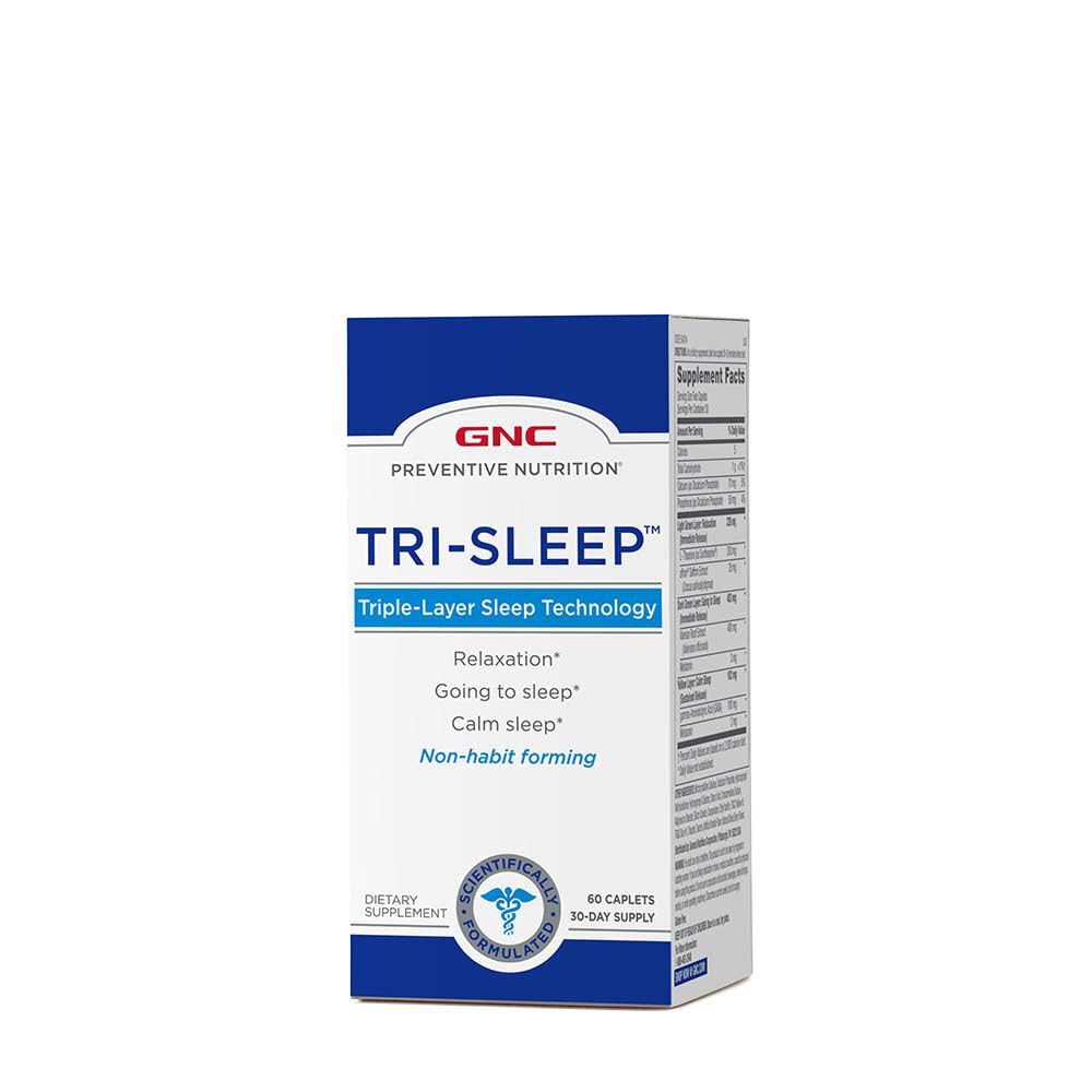 GNC Tri-Sleep bottle front with caplets for calm sleep and relaxation