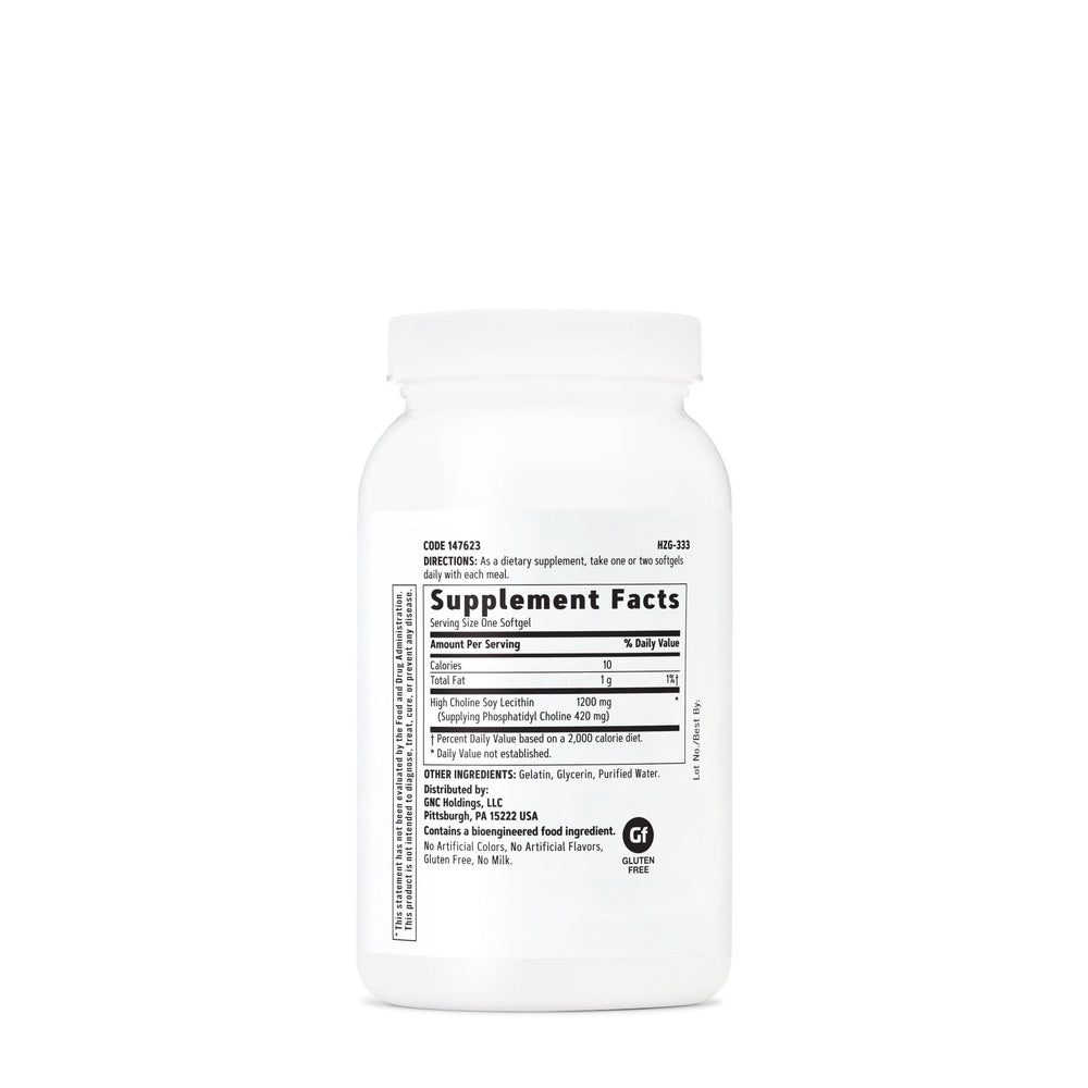 GNC Triple Lecithin 1200mg softgels closeup showing easy-to-swallow capsules.