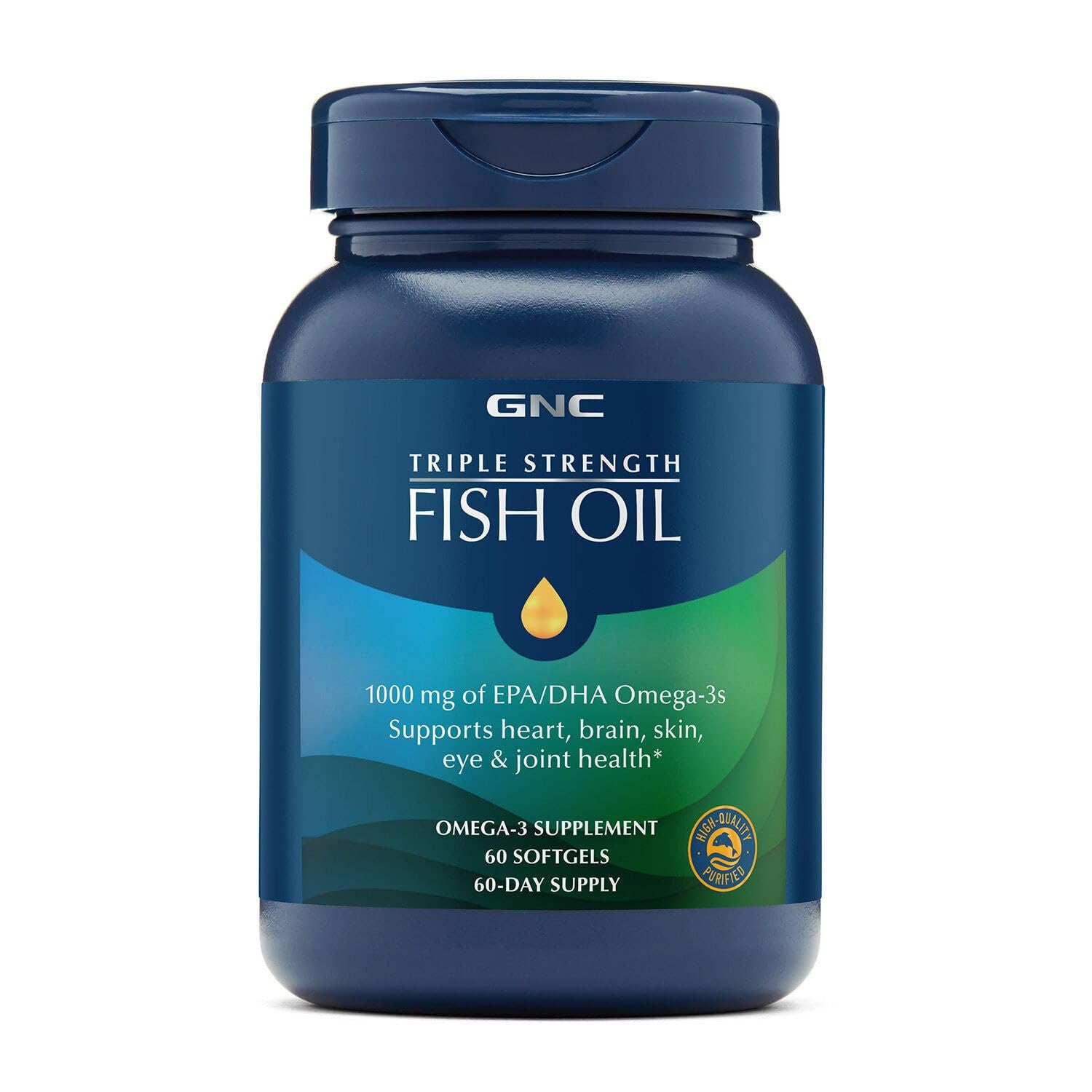 GNC Triple Strength Fish Oil bottle front highlighting 1000 mg EPA and DHA for daily heart and brain support
