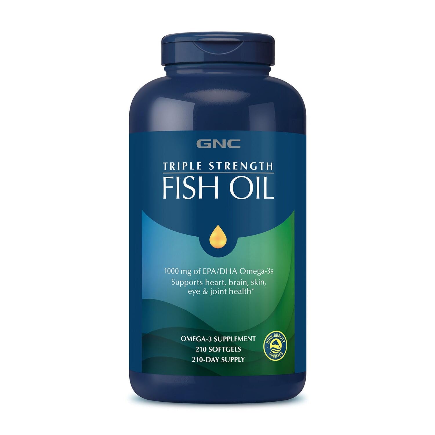GNC Triple Strength Fish Oil bottle highlighting omega-3 EPA/DHA benefits for heart and brain health