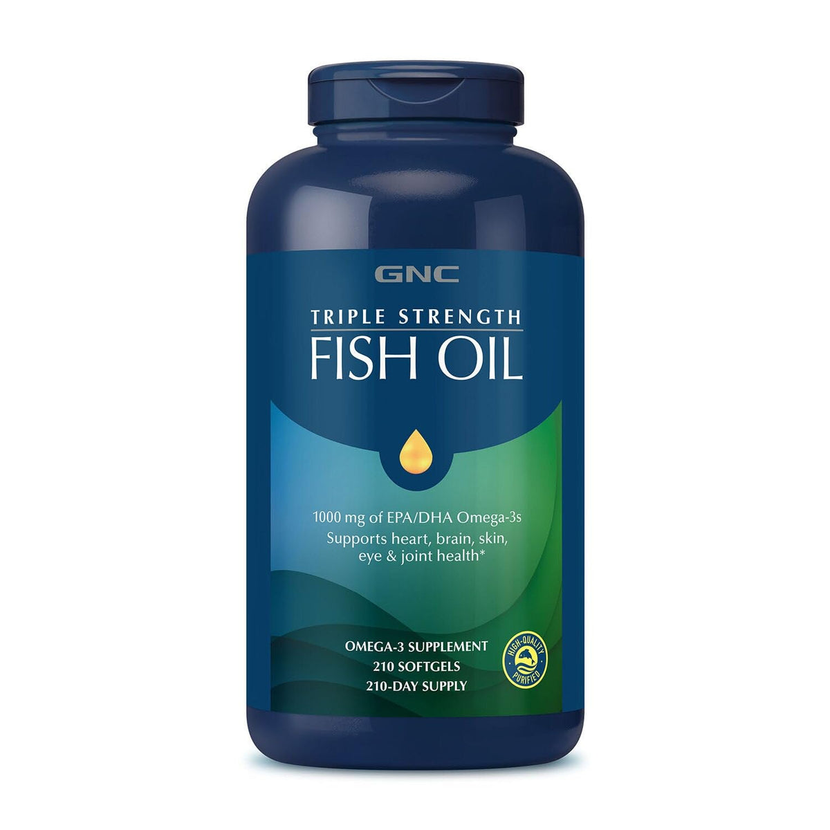 GNC Triple Strength Fish Oil bottle highlighting omega-3 EPA/DHA benefits for heart and brain health