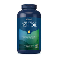 GNC Triple Strength Fish Oil bottle highlighting omega-3 EPA/DHA benefits for heart and brain health