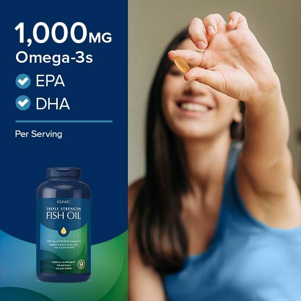 GNC Triple Strength Fish Oil label view with purity and contaminant details