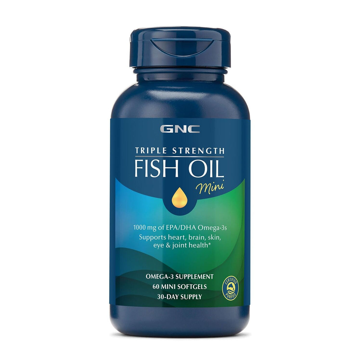 GNC Triple Strength Fish Oil mini bottle shown for convenient daily omega-3 intake