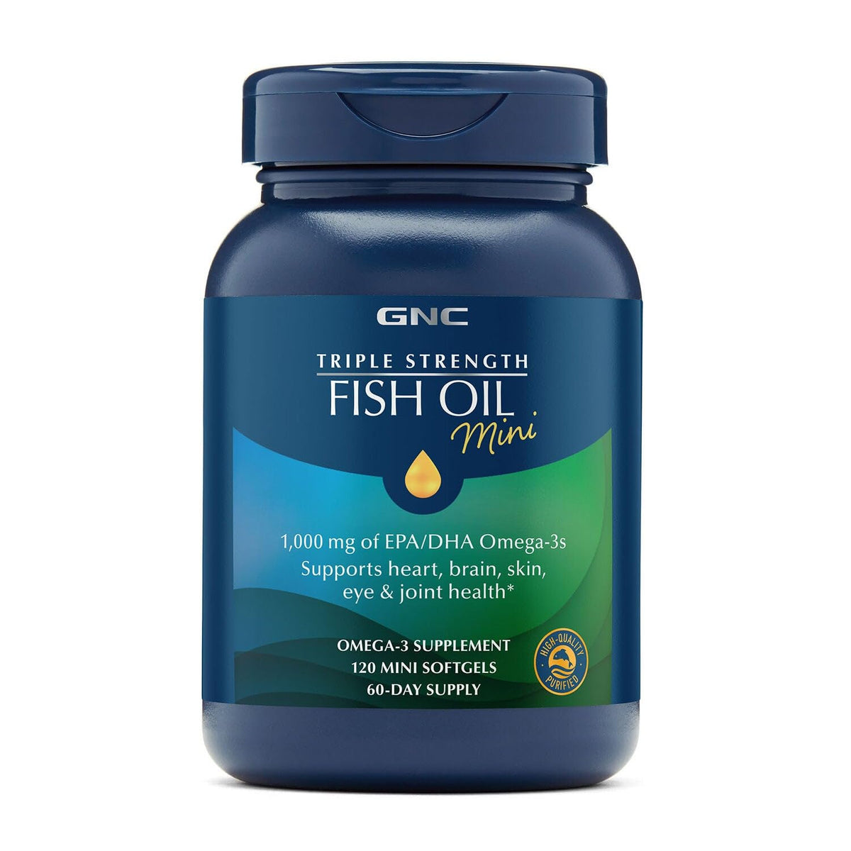 GNC Triple Strength fish oil mini softgels bottle highlighting 1000mg EPA/DHA for heart support.