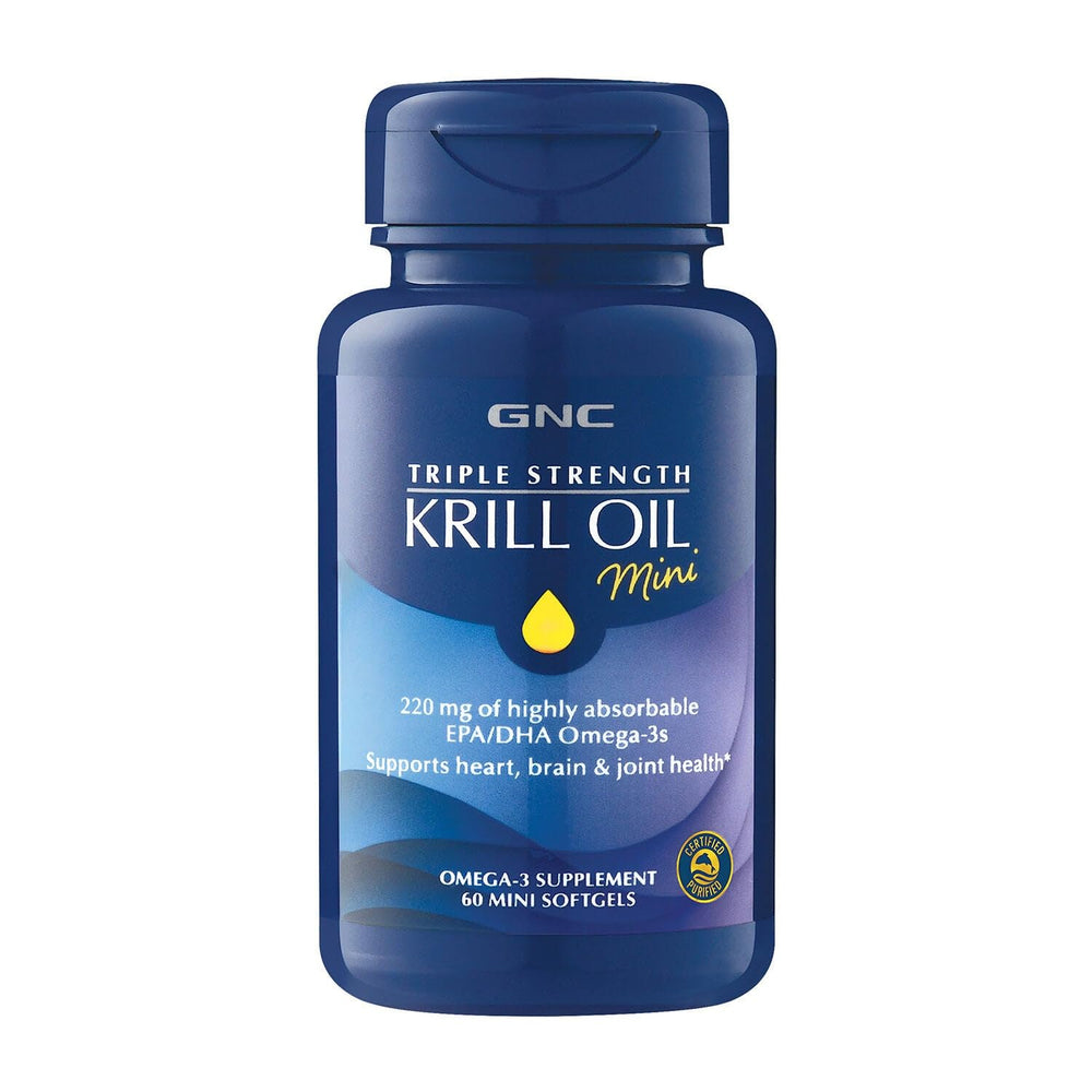 GNC Triple Strength Krill Oil bottle on shelf for daily wellness.