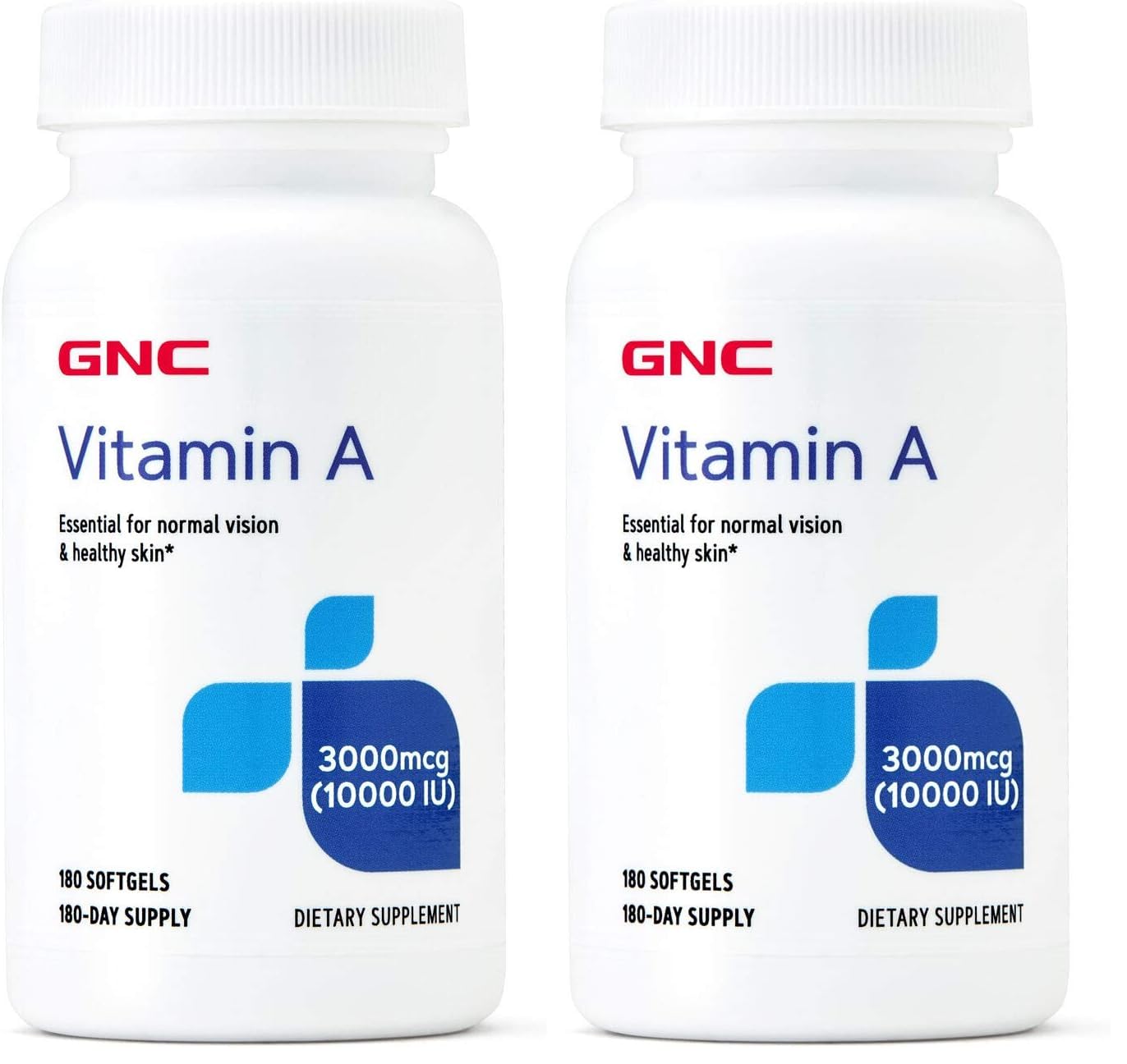 GNC Vitamin A 3000mcg softgel bottle showing a 180-day supply for vision and skin support.