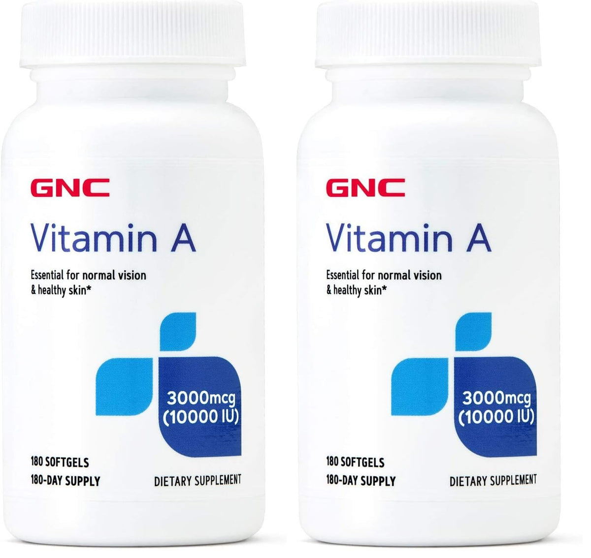 GNC Vitamin A 3000mcg softgel bottle showing a 180-day supply for vision and skin support.