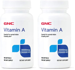 GNC Vitamin A 3000mcg softgel bottle showing a 180-day supply for vision and skin support.