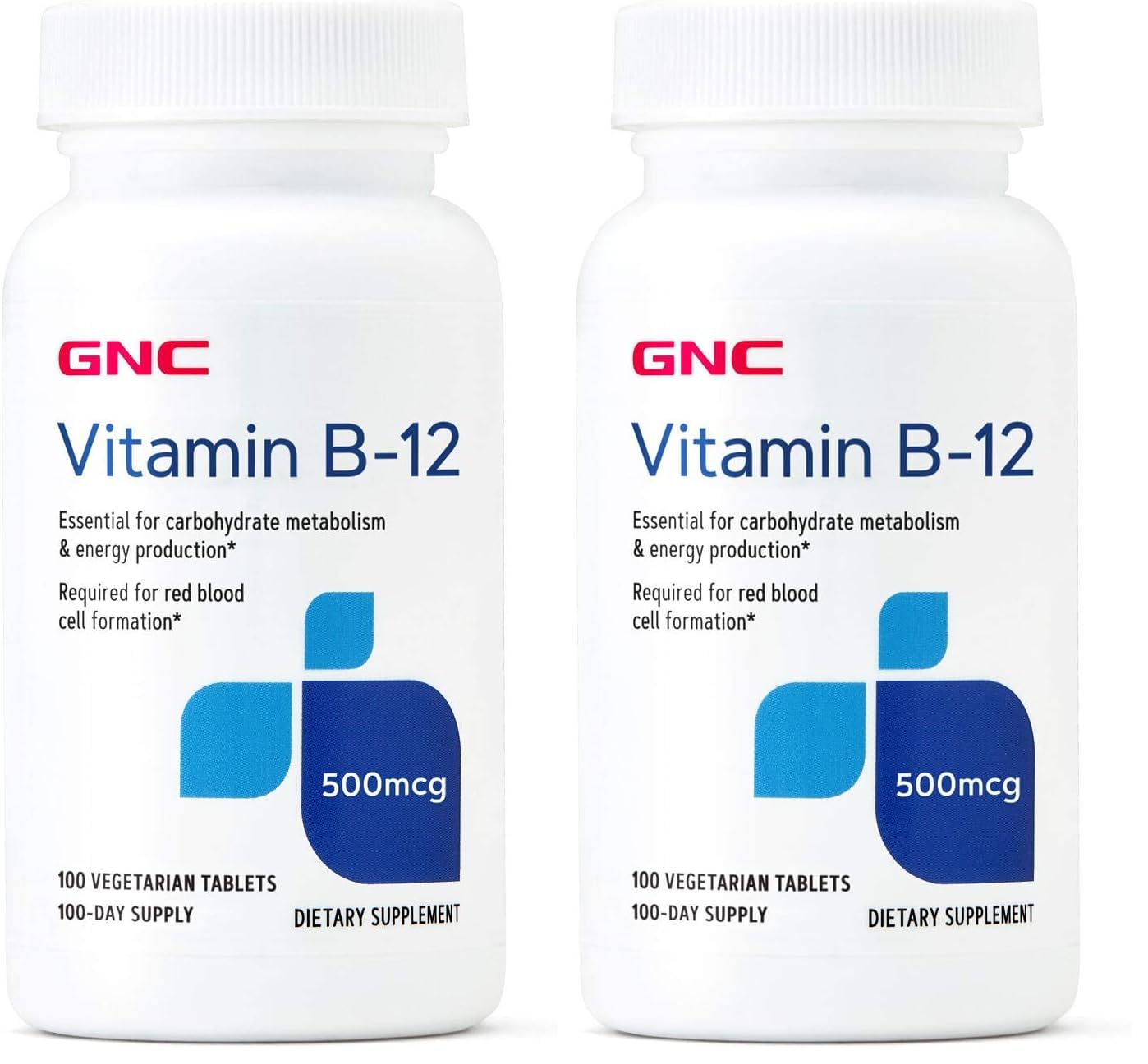 GNC Vitamin B-12 500mcg bottle displays energy-support formula on clean label.