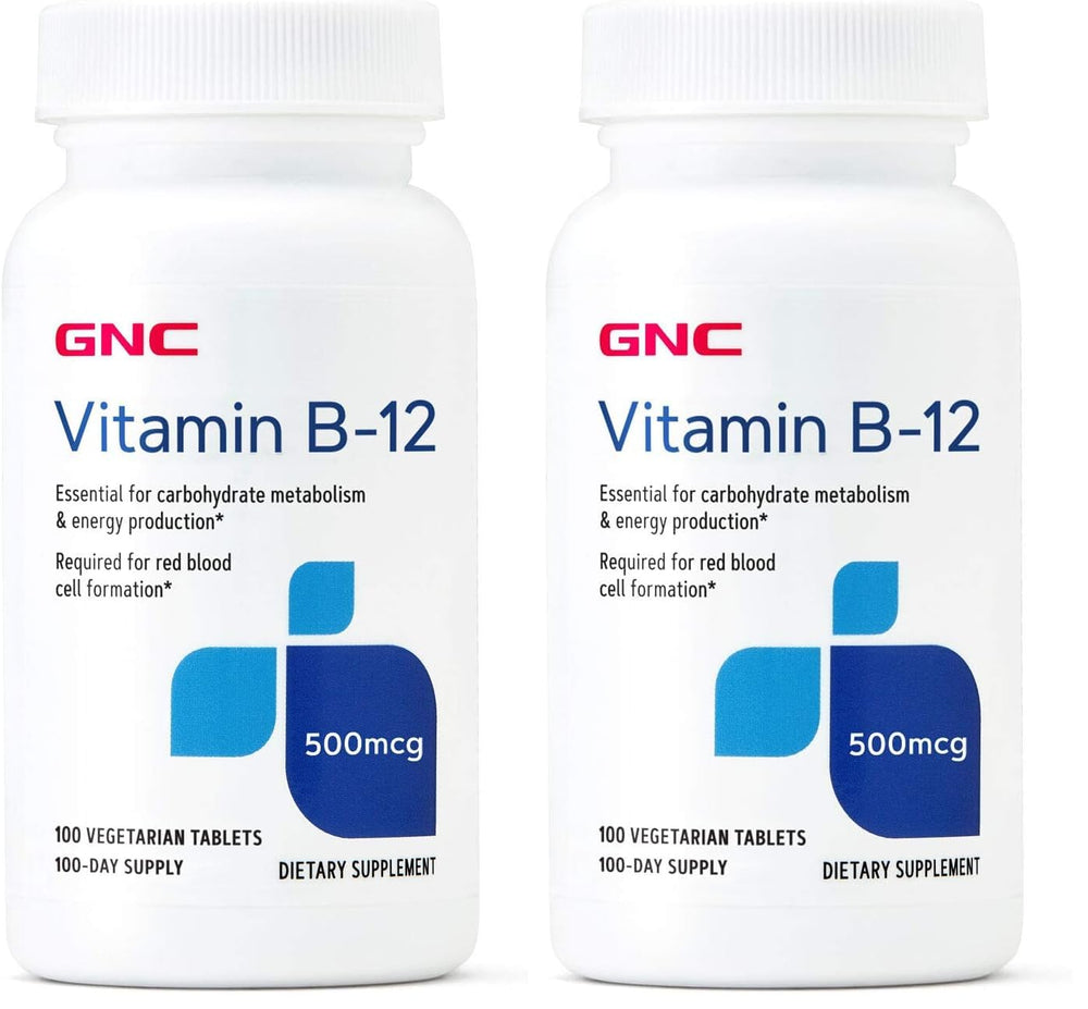 GNC Vitamin B-12 500mcg bottle displays energy-support formula on clean label.