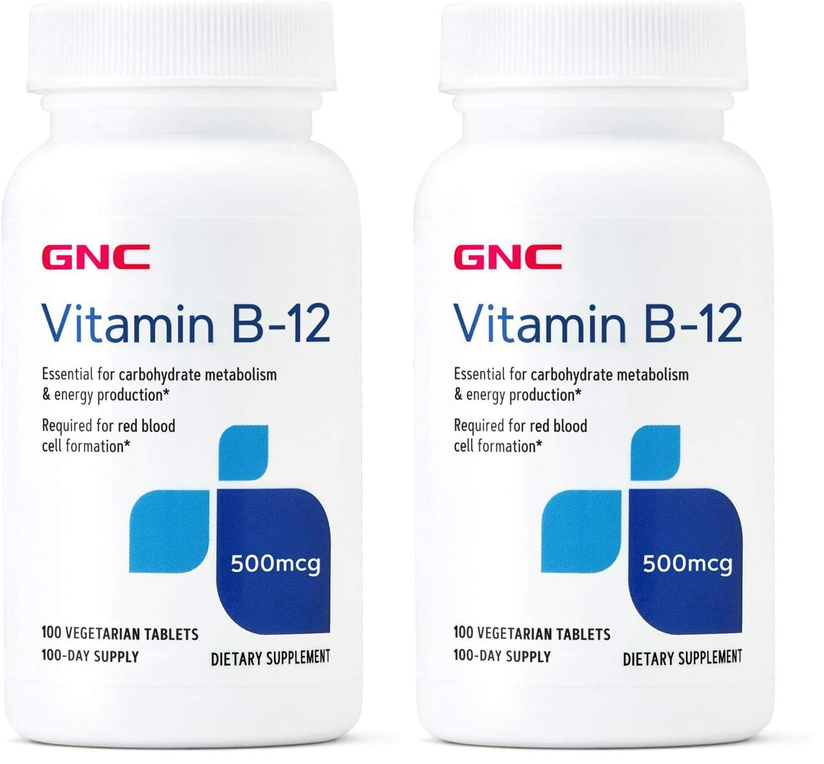GNC Vitamin B-12 500mcg bottle displays energy-support formula on clean label.
