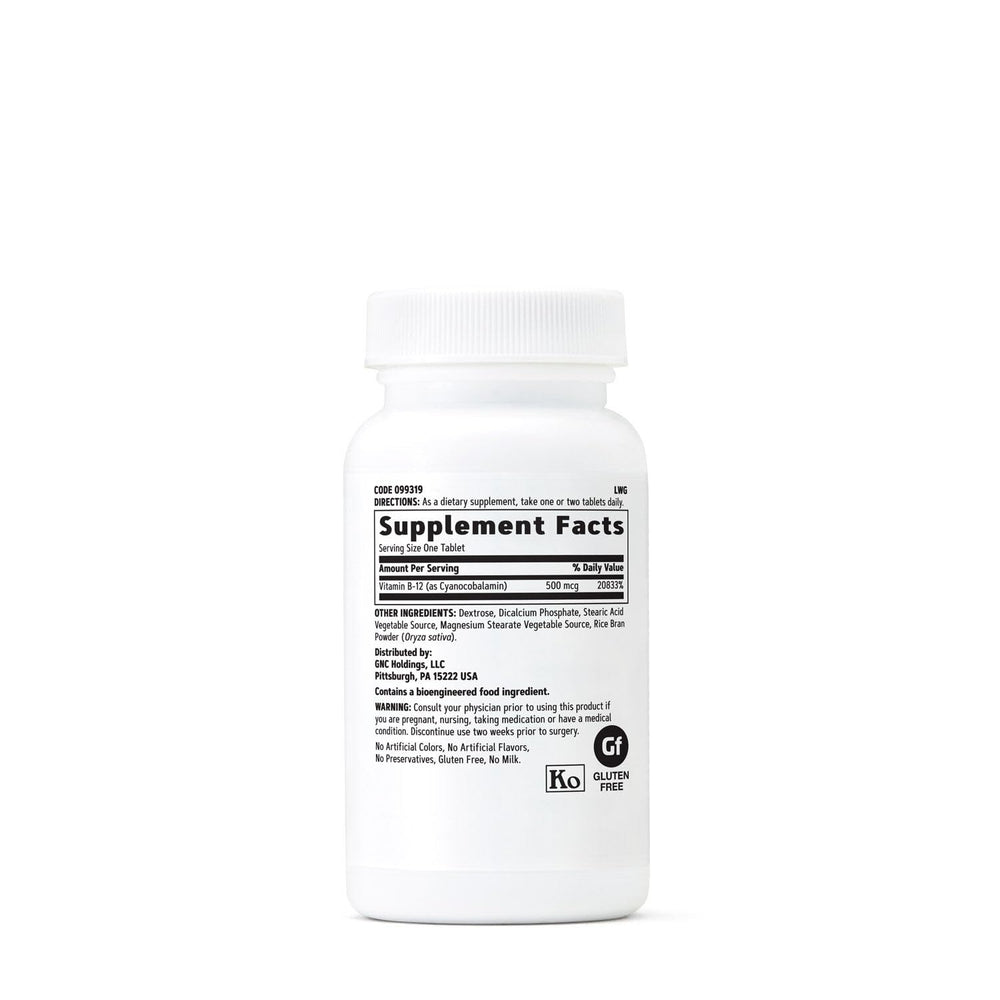 Close-up of GNC B-12 500mcg tablets for daily energy and focus.