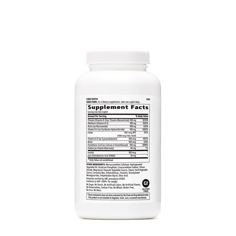 GNC Vitamin B Complex 100 caplets close-up highlighting convenient daily use and caplet texture