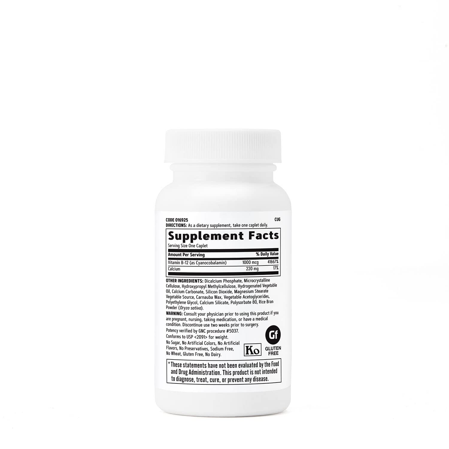 GNC Vitamin B-12 1000mcg bottle back shows per-pack details and kosher vegetarian caplets for daily use