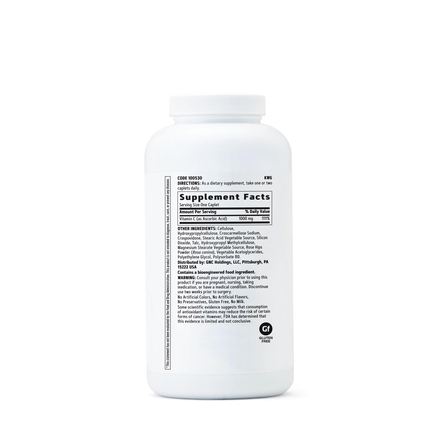 GNC Vitamin C 1000 mg caplets closeup highlighting vegetarian formula.