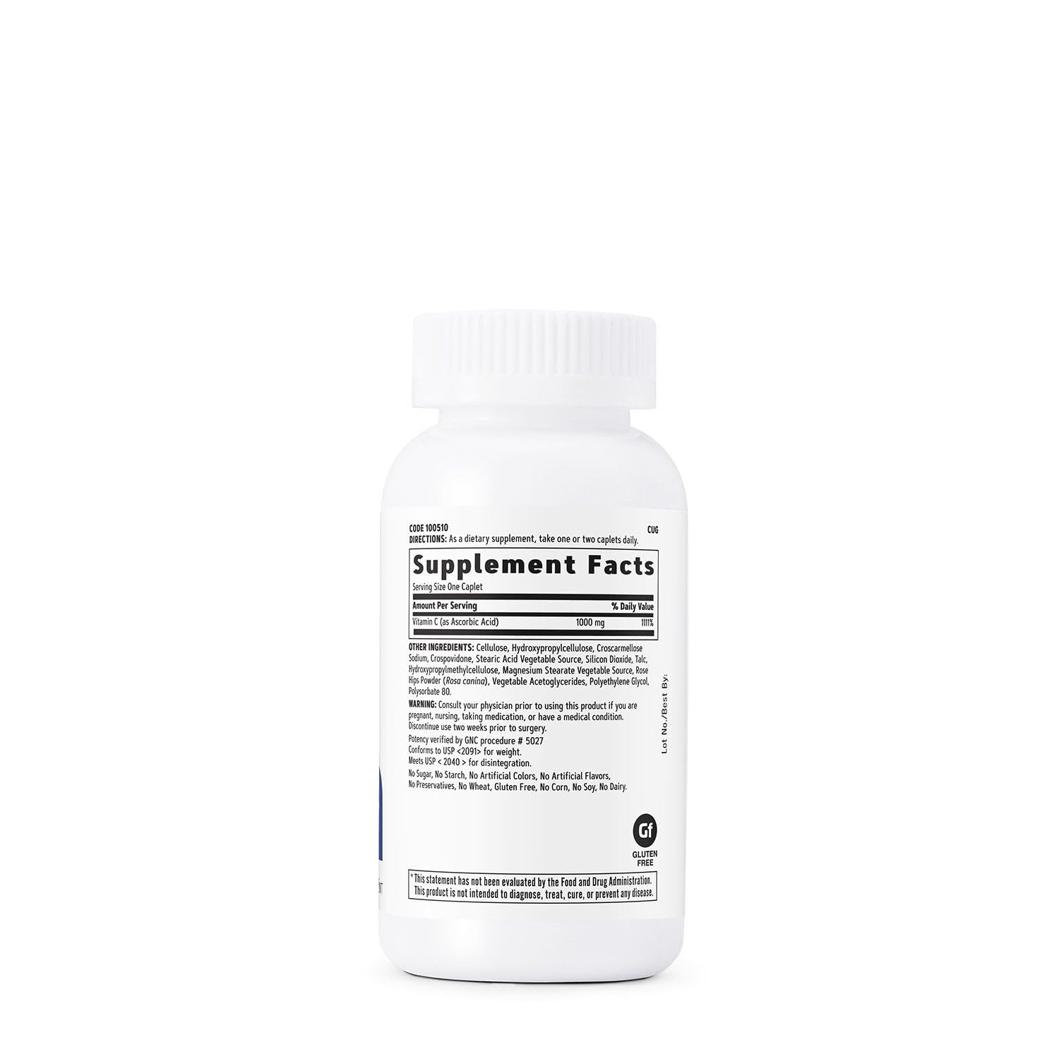 GNC Vitamin C 1000 mg caplets close-up highlighting dosage and easy daily intake.