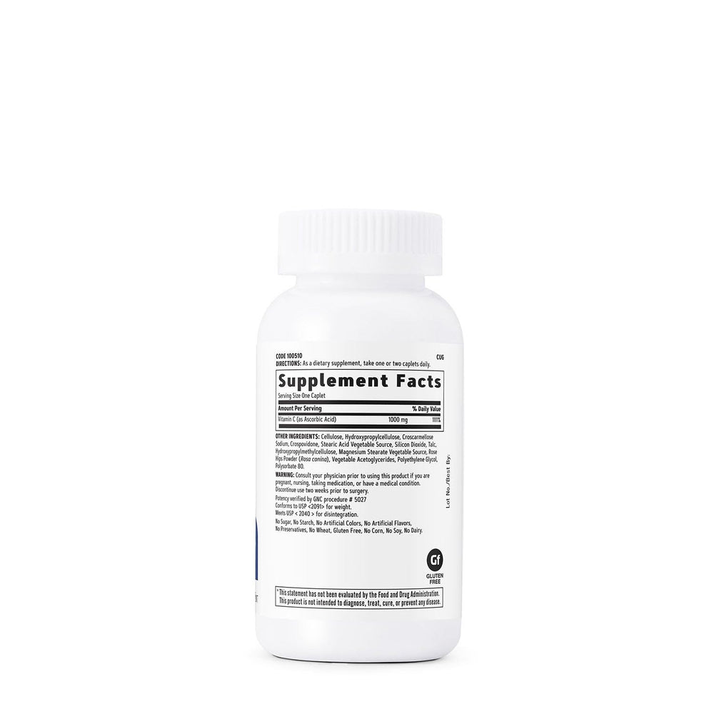 GNC Vitamin C 1000 mg caplets close-up highlighting dosage and easy daily intake.