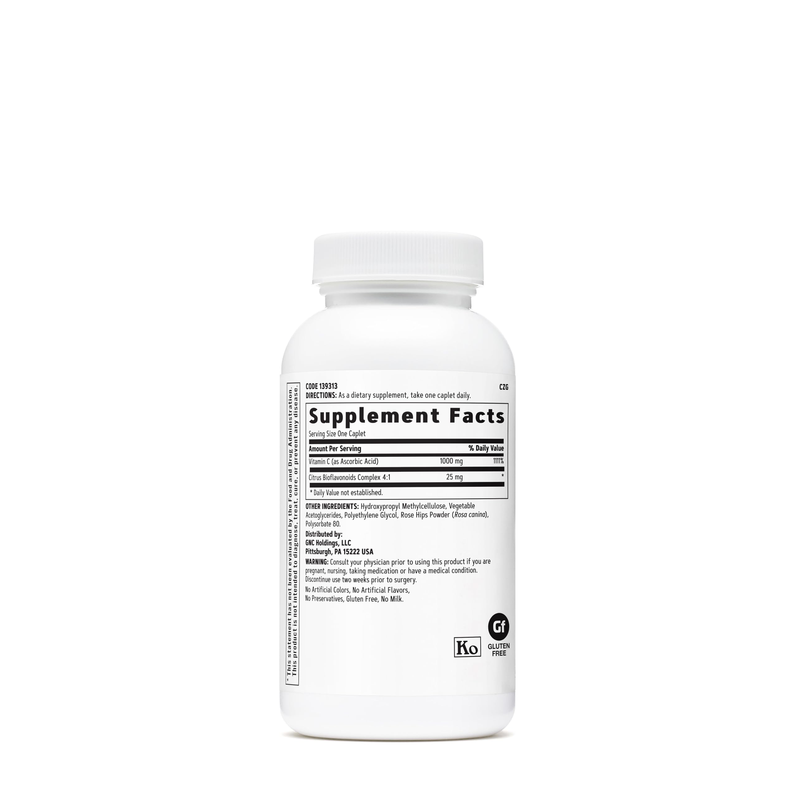 GNC Vitamin C 1000mg nutrition-label closeup emphasizing dosage and daily use