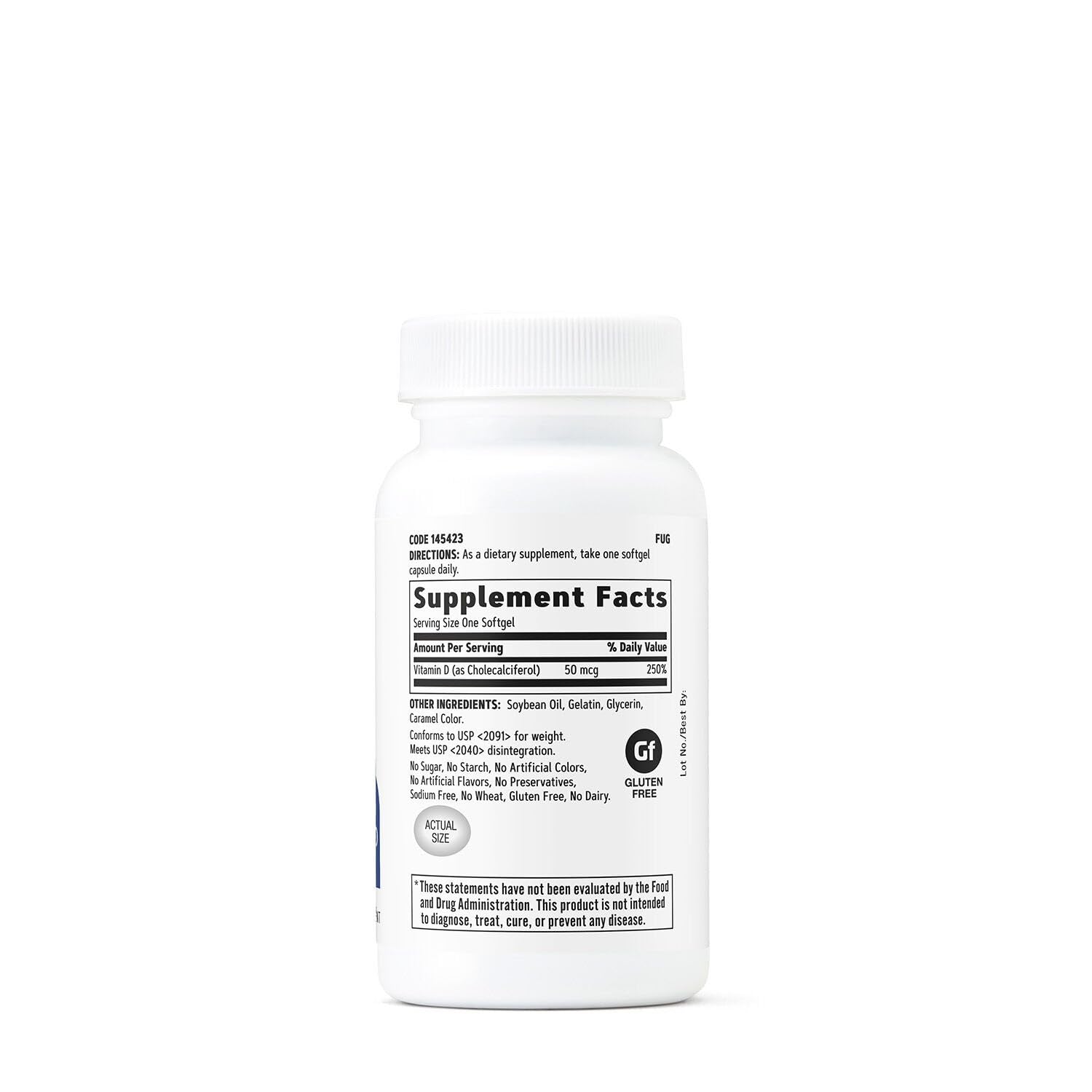 Close-up of the GNC Vitamin D3 label showing 50 mcg per softgel.
