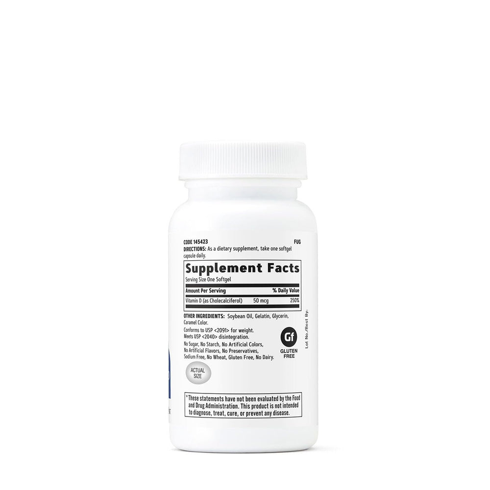 Close-up of the GNC Vitamin D3 label showing 50 mcg per softgel.