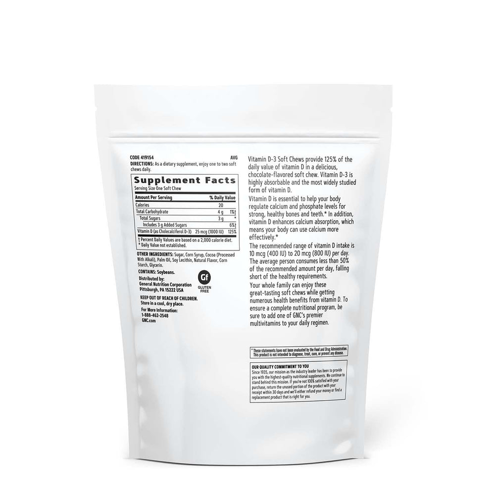 GNC Vitamin D-3 soft chews closeup showing chocolate flavor for daily vitamin D.
