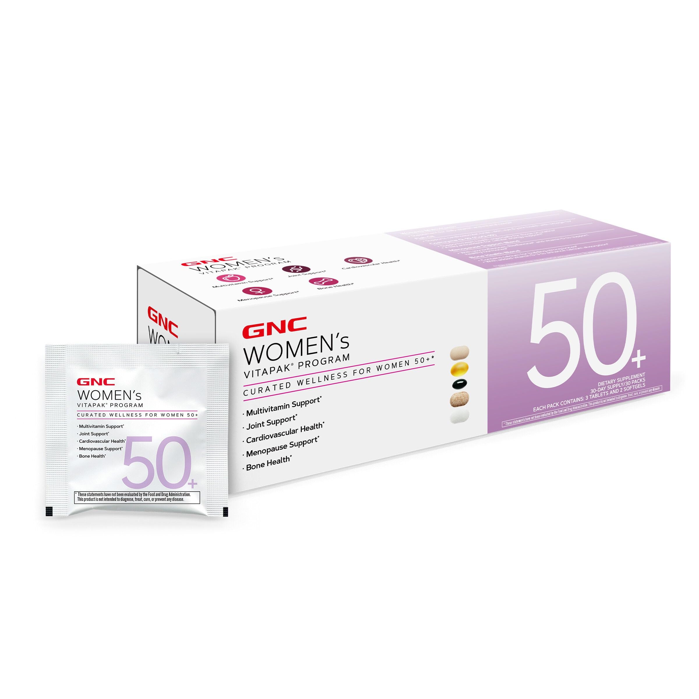 GNC Women’s 50+ Vitapak bottle front view for energy and immune support