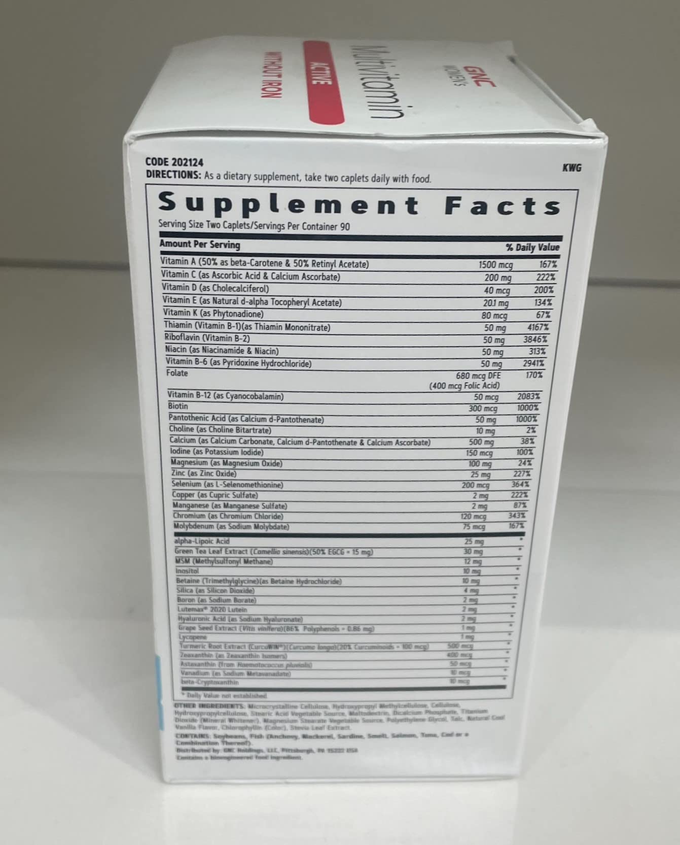 GNC Women's Active No Iron bottle label emphasizing iron-free formula and bone health