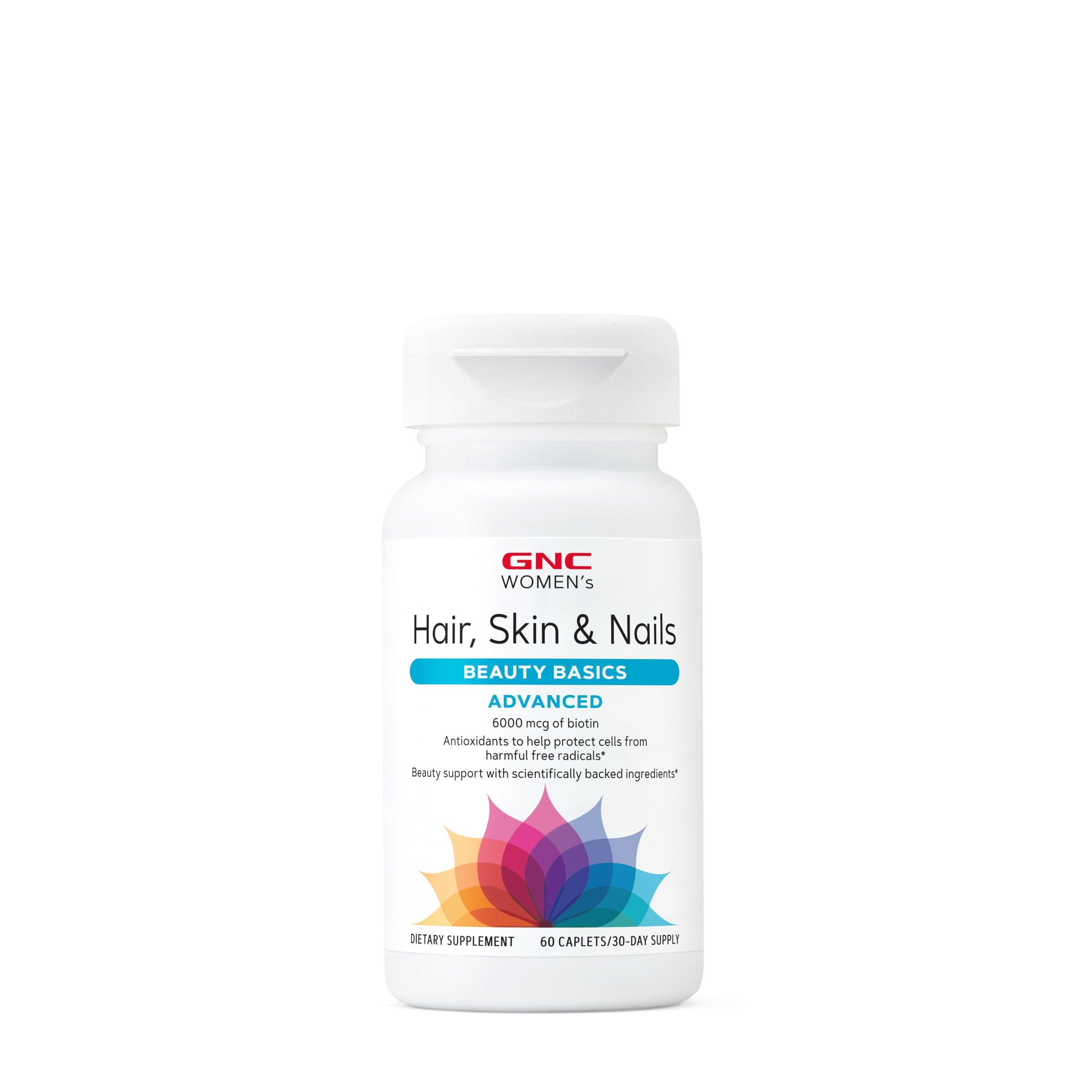 GNC Women's Advanced Hair, Skin & Nails bottle showing biotin-rich multivitamin support for daily beauty
