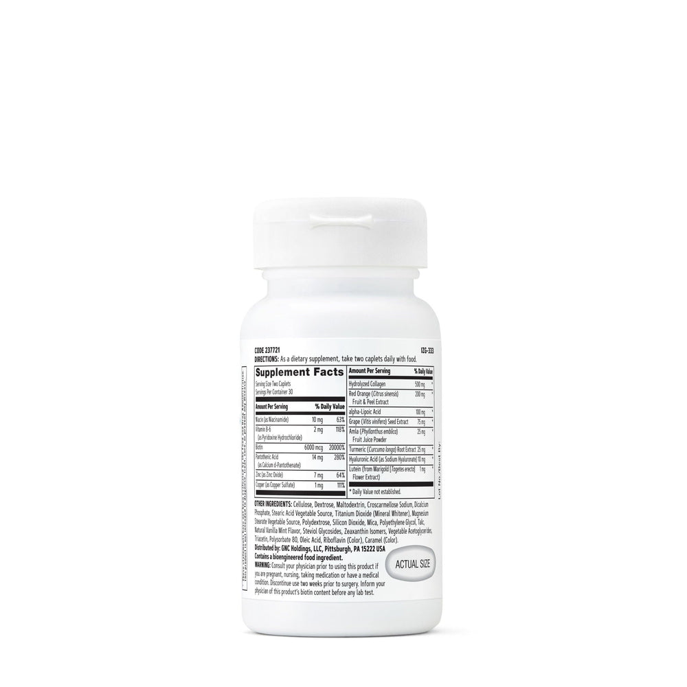 GNC Women's Advanced Hair, Skin & Nails caplets closeup highlighting collagen and lutein