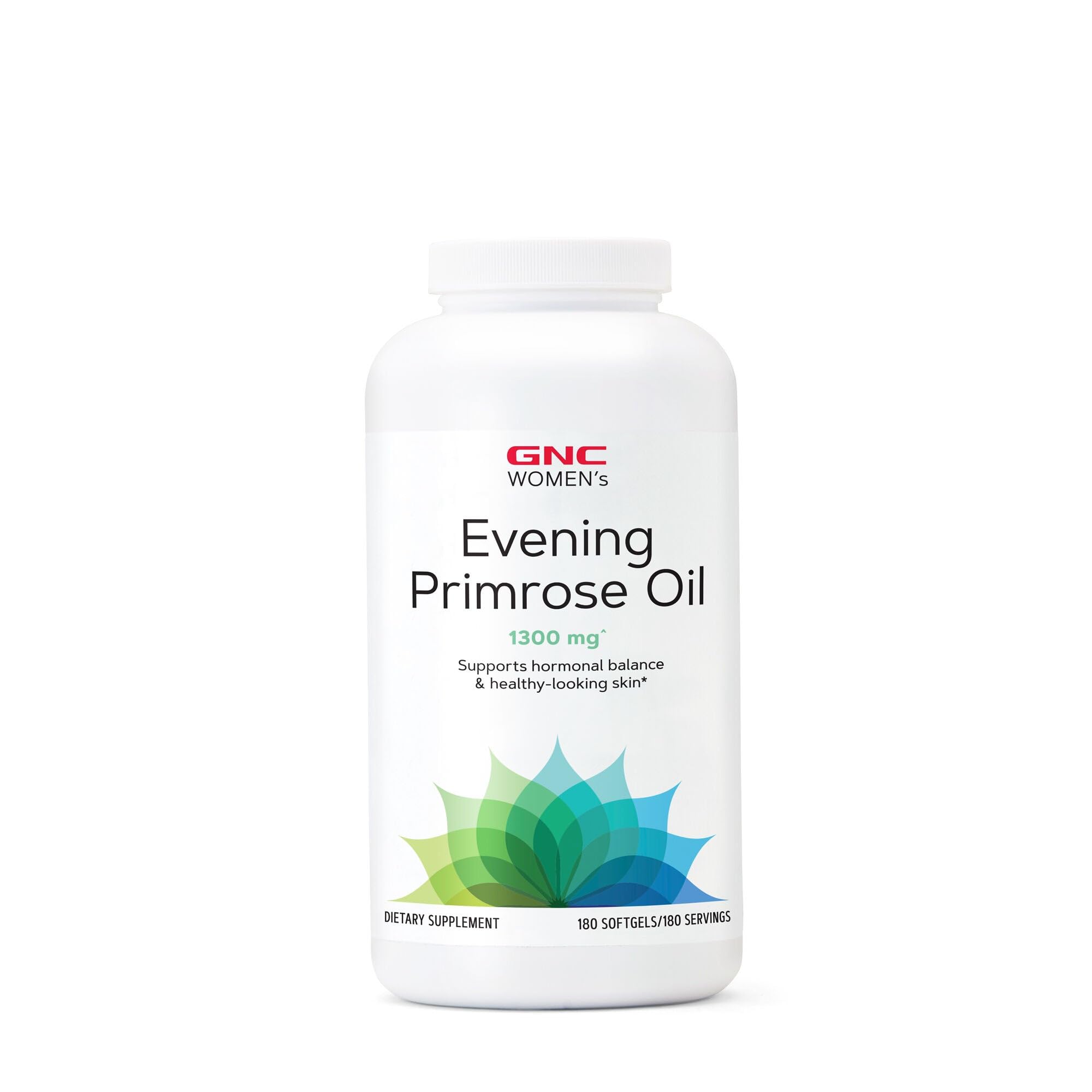 GNC Women's Evening Primrose Oil bottle cap image showing easy-to-swallow softgels for hormonal balance support.