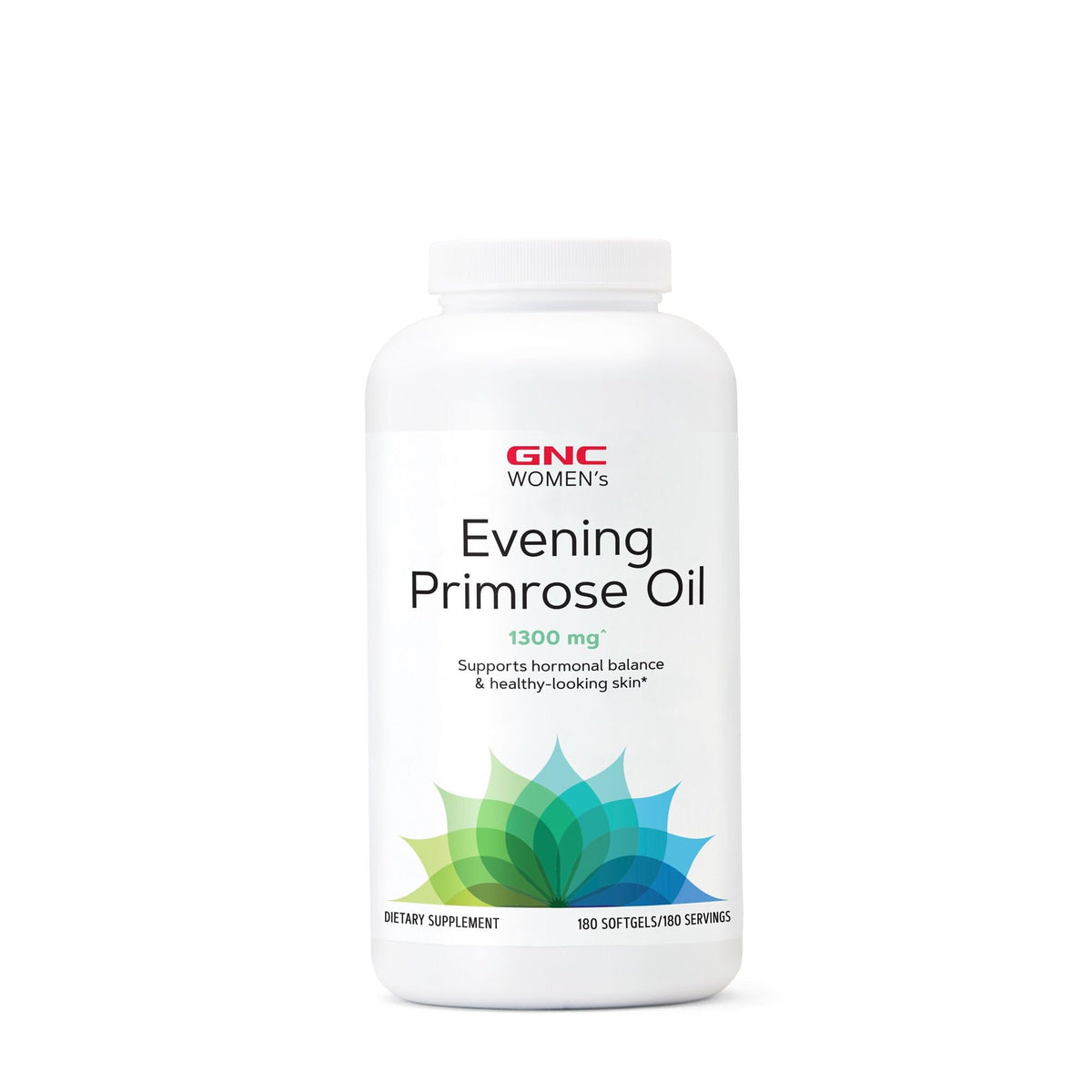 GNC Women's Evening Primrose Oil bottle cap image showing easy-to-swallow softgels for hormonal balance support.