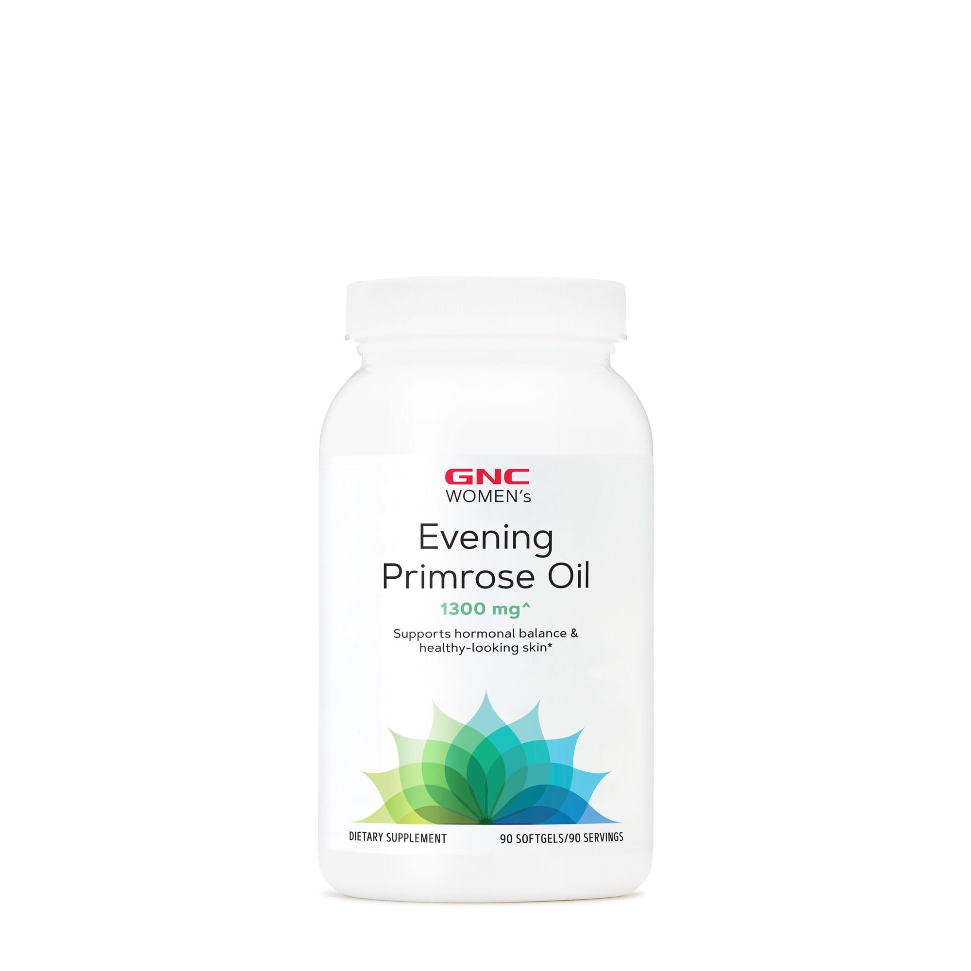 GNC Women's Evening Primrose Oil bottle close-up, showcasing capsules for hormonal balance and skin health.