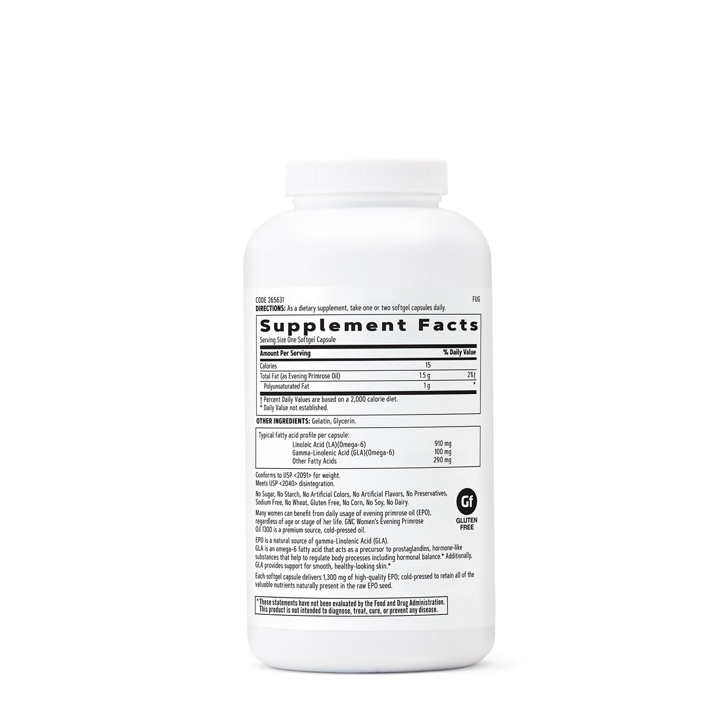 GNC Women's Evening Primrose Oil softgel capsules on a white background highlighting skin-friendly nutrients.