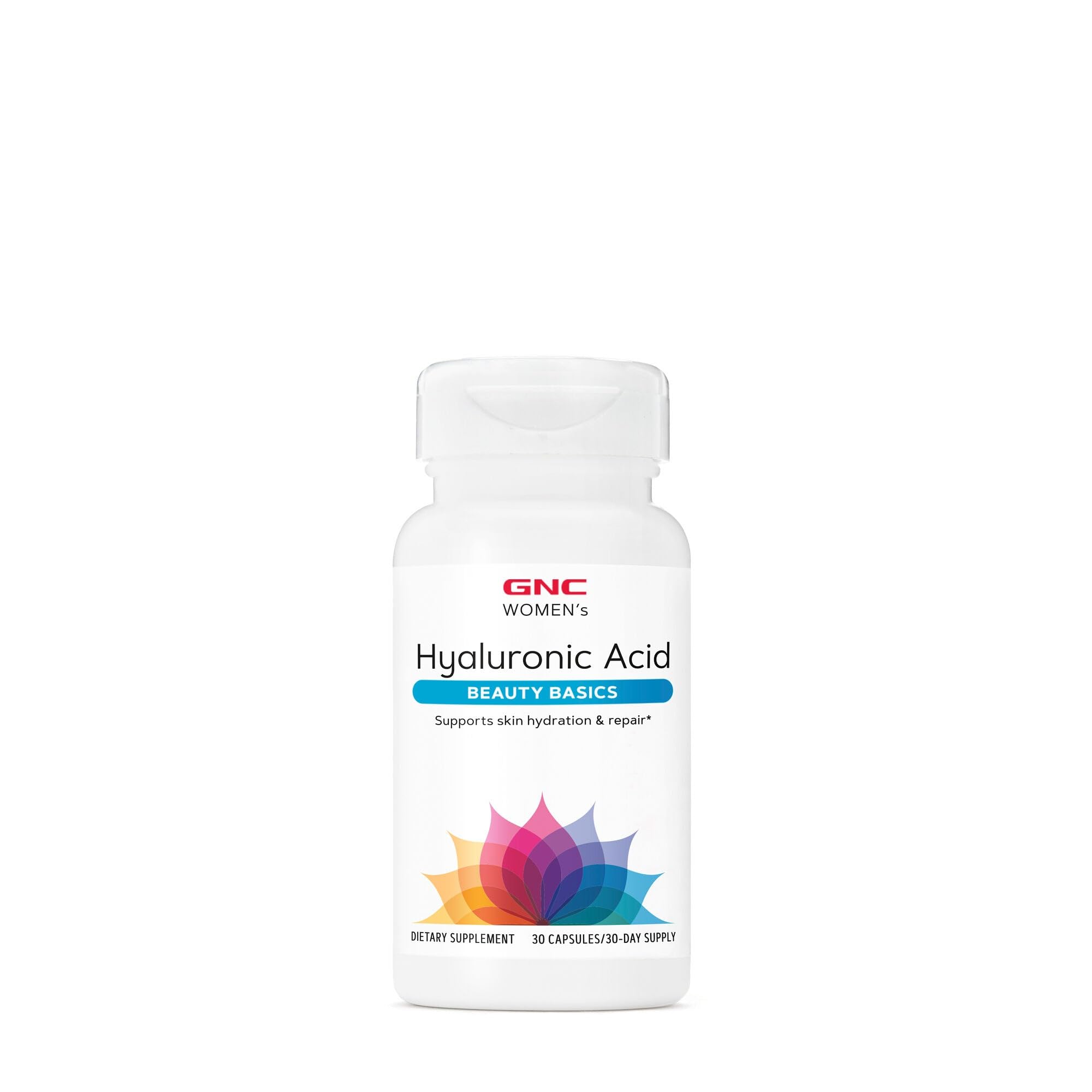 GNC Women's Hyaluronic Acid bottle and capsules for daily skin hydration