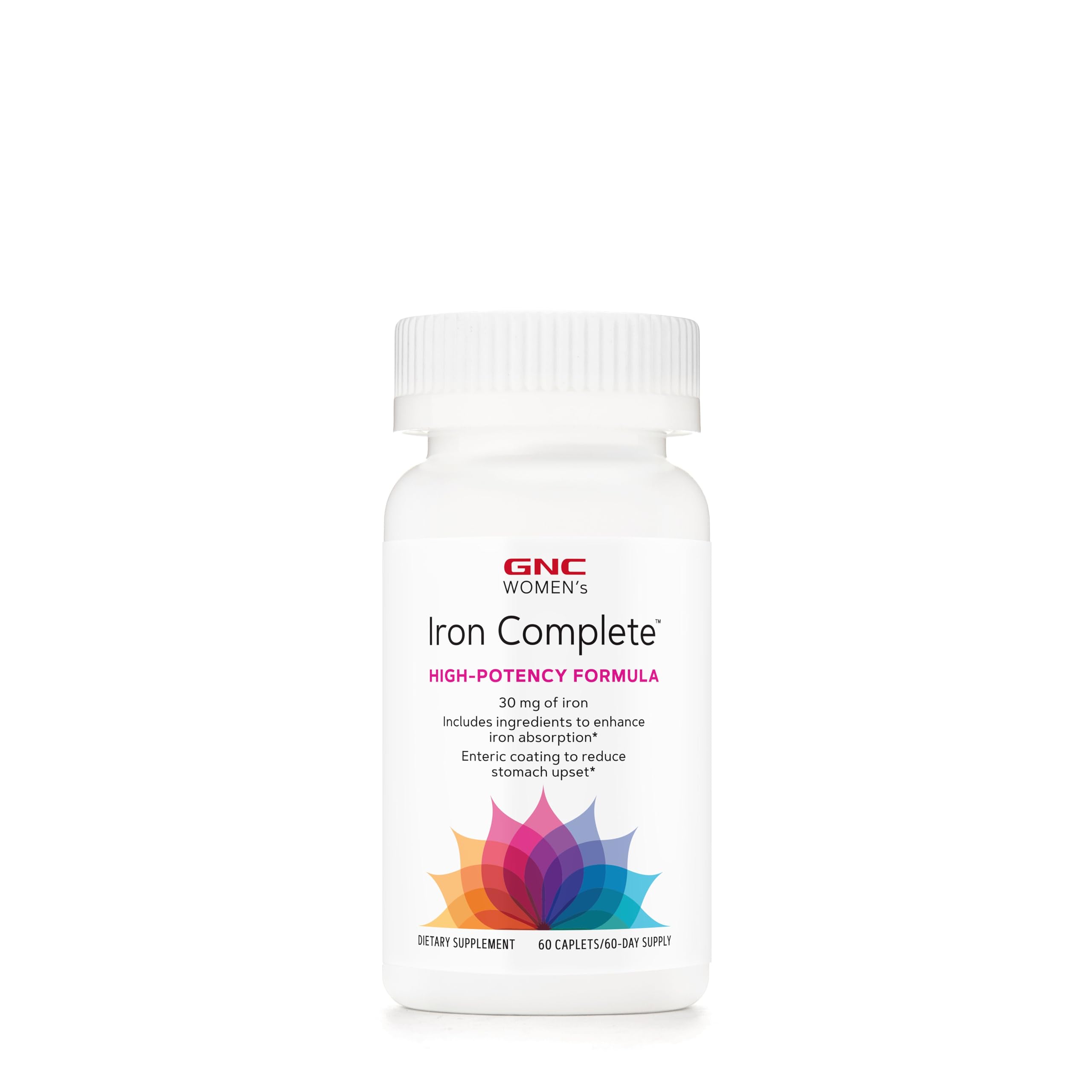 GNC Women's Iron Complete bottle front view with 60 caplets for iron support
