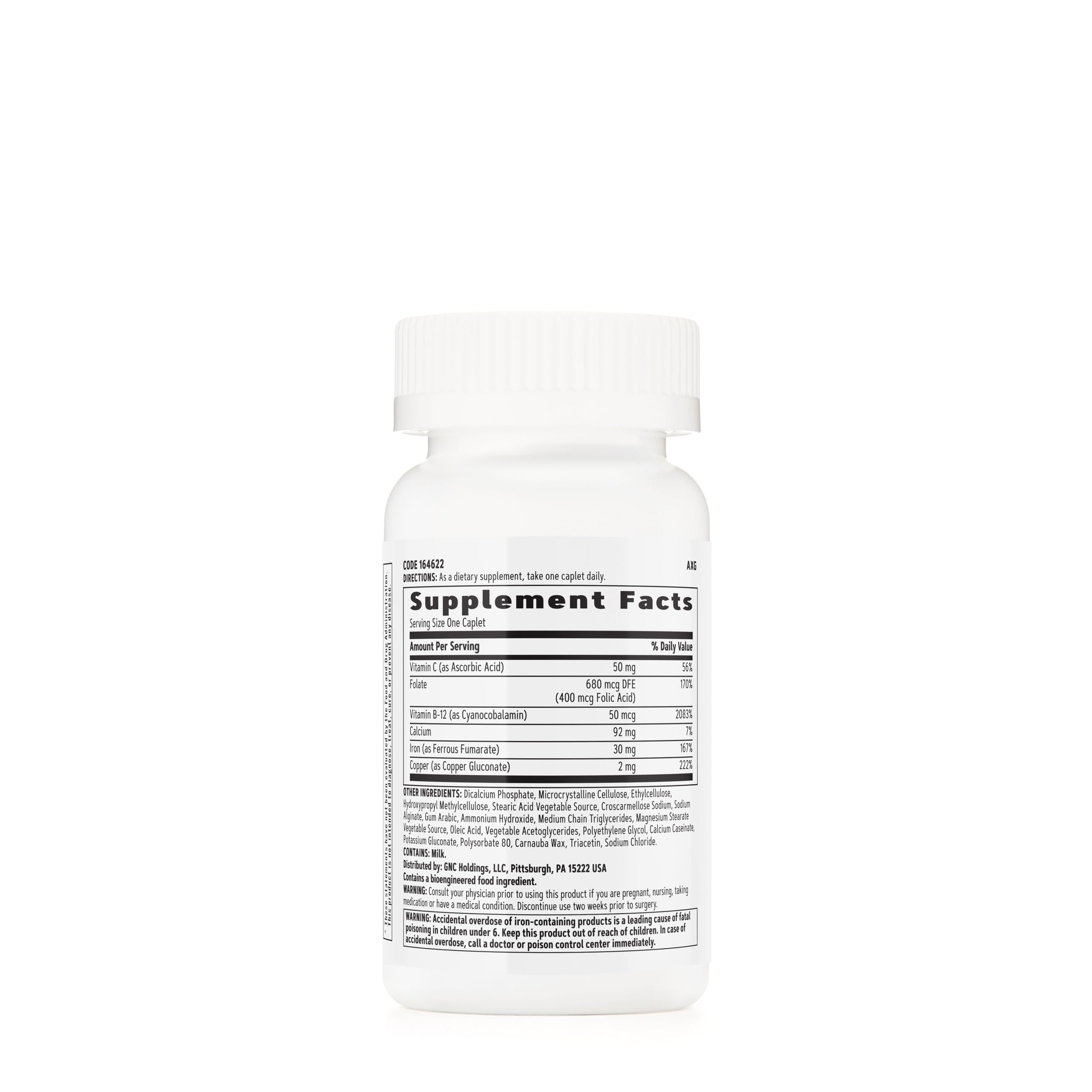 GNC Women's Iron Complete label highlights 30 mg iron per serving for daily nutrition