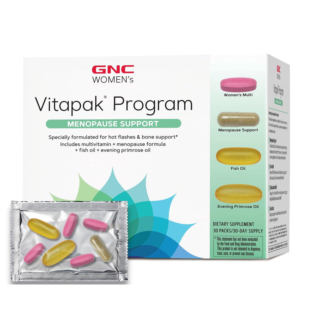 GNC Women’s Menopause Support Vitapak packaging shows four-in-one daily packs for balance.