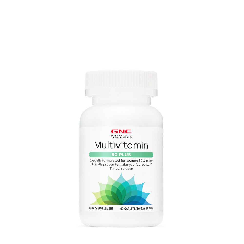 GNC Women's Multivitamin 50 Plus bone health bottle supports bones with calcium and vitamin D.