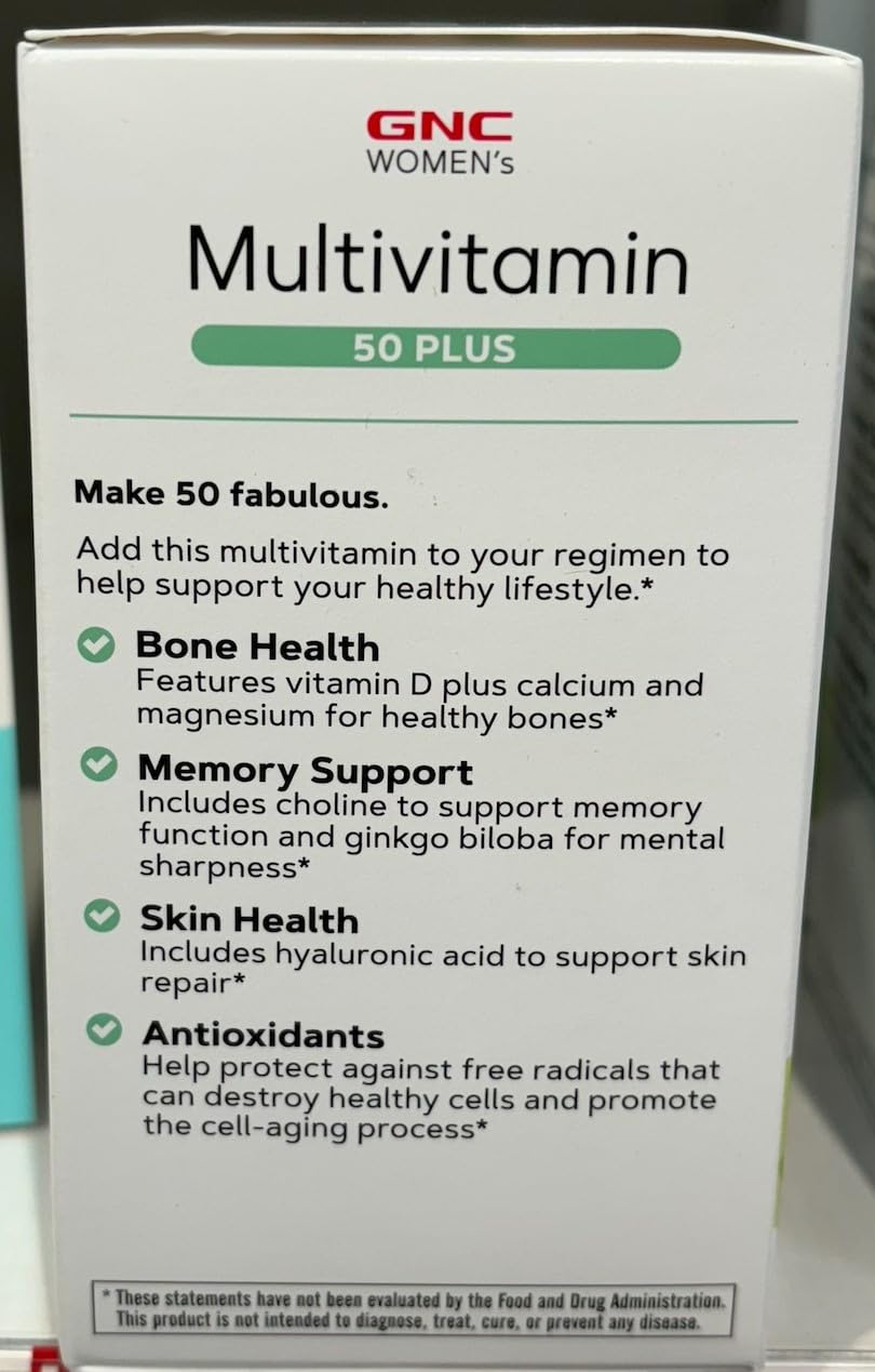 GNC Women's Multivitamin 50 Plus energy support caplets for daily vitality.