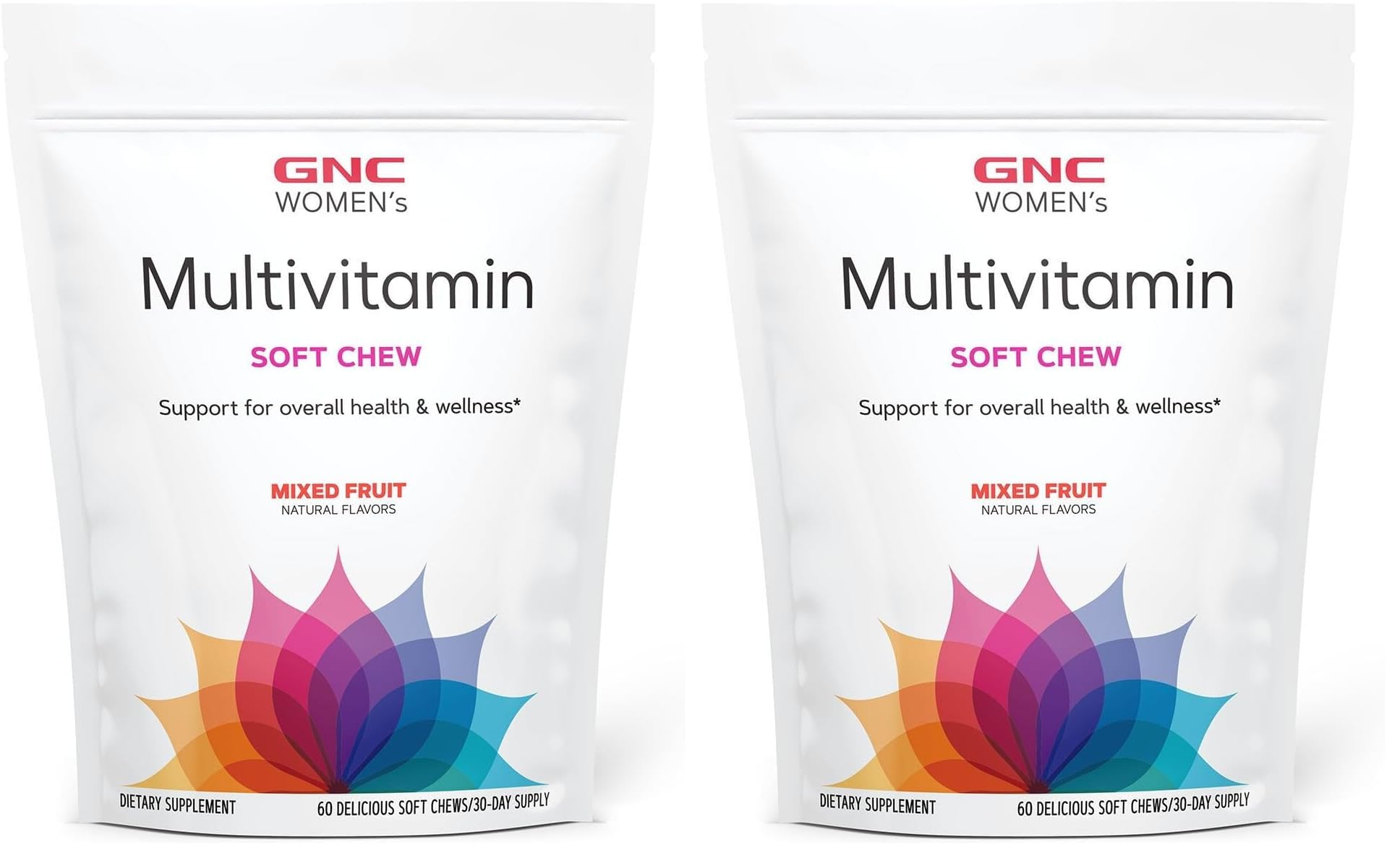 GNC Women's Multivitamin Soft Chew bottle front shows mixed fruit flavor for daily energy