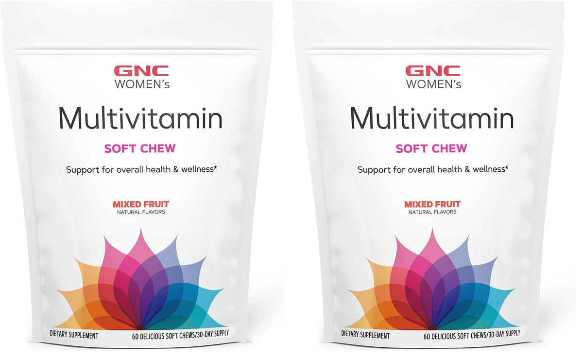 GNC Women's Multivitamin Soft Chew bottle front shows mixed fruit flavor for daily energy