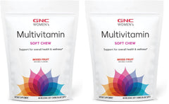 GNC Women's Multivitamin Soft Chew bottle front shows mixed fruit flavor for daily energy