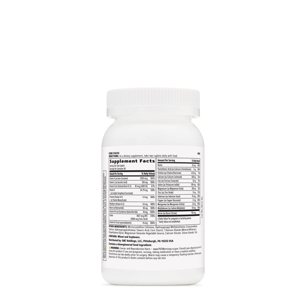 GNC Women's Prenatal label highlights key nutrients like folic acid and calcium.
