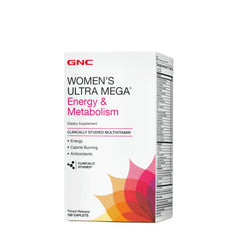 GNC Women's Ultra Mega Energy bottle front highlighting energy and metabolism support.