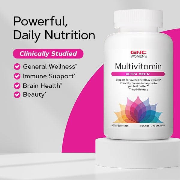 GNC Women's Ultra Mega beauty-from-within visuals suggesting hair and skin support