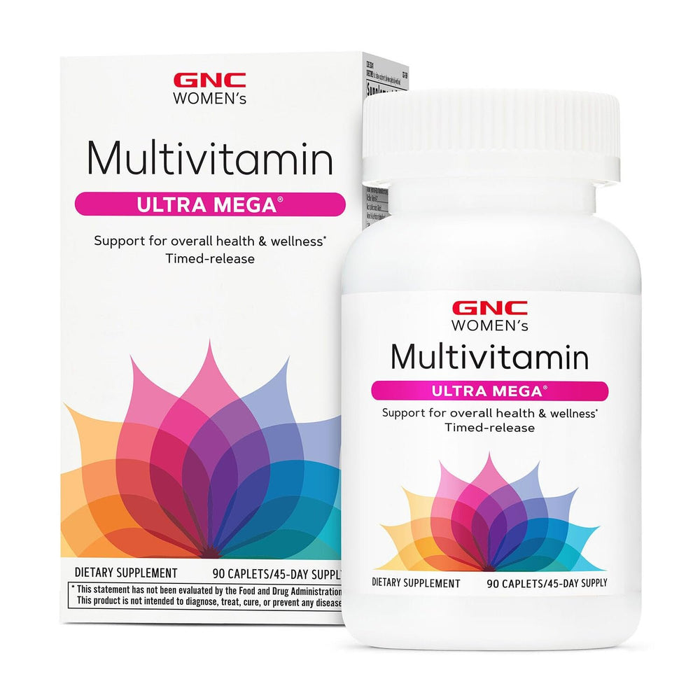 GNC Women's Ultra Mega bottle front view emphasizing broad nutrient support for daily energy