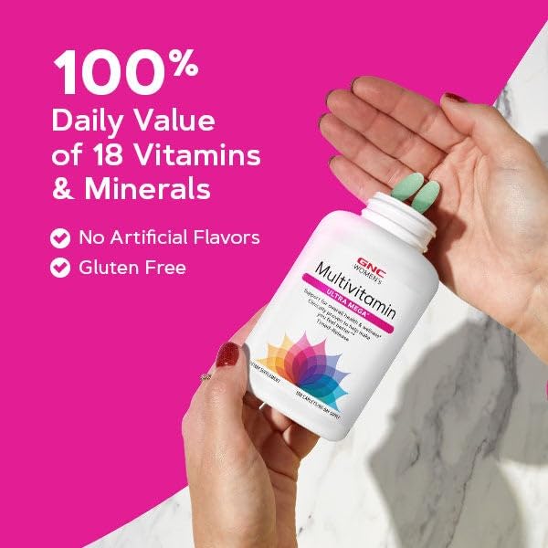 GNC Women's Ultra Mega timed-release tablets depicted for steady nutrient delivery