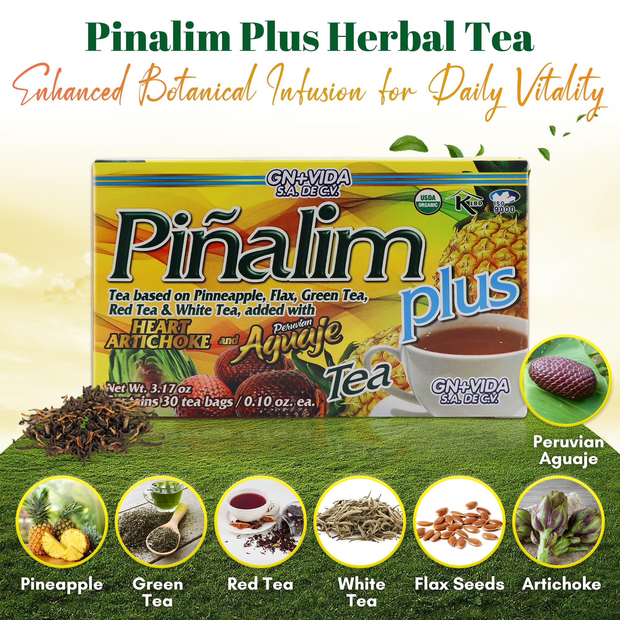 GN+Vida Pinalim Plus Aguaje & Artichoke tea box shows caffeine-free herbal blend.