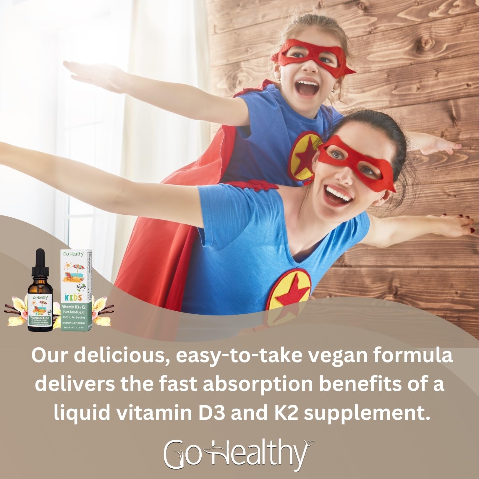Child enjoying Go Healthy Kids D3 K2 drops as part of daily routine.